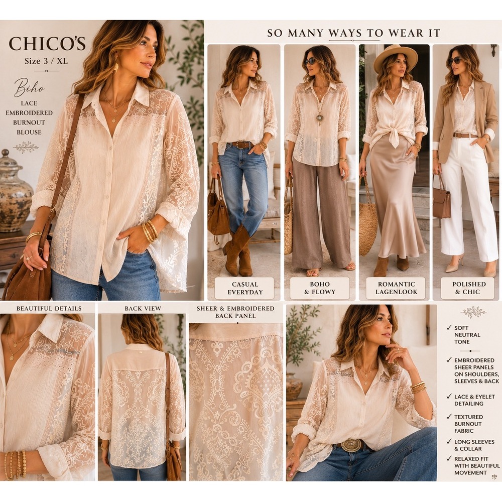 Chico's 3 XL Romantic Boho Lace Burnout Embroidered Sheer Tunic Shirt